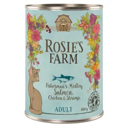 Rosie's Farm Adult 6 x 400 g comida húmeda para gatos ¡con descuento! - Salmón y pollo con gambas