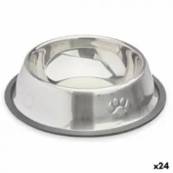 Comedero Para Perro Plateado Gris Goma Metal 35 X 0,03 X 25 Cm (24 Unidades)