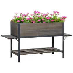 Outsunny Huerto Urbano Elevado de Madera 140x46x75,5 cm Mesa de Cultivo de Jardín con 2 Baldas Laterales Estante Inferior y 2 Orificios de Drenaje para Plantas Flores Gris