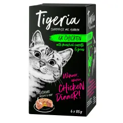 Tigeria 6 x 85 g comida húmeda para gatos - Pollo con relleno de puré de zanahoria y guisantes