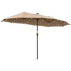 Outsunny Sombrilla Doble de Jardín con 48 Luces LED Solar 450x265x240 cm Parasol para Patio con Manivela Protección Solar para Terraza Balcón Piscina Caqui