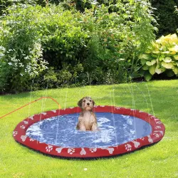 PawHut Splash Pad 150 cm Aspersor de Juegos de Agua con Rociador Tapete de Salpicaduras Piscina de Verano Portátil para Mascotas Perros Rojo.