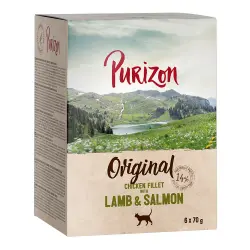 Purizon Adult 6 x 70 g comida húmeda para gatos, sin cereales - Filete de pollo con cordero y salmón