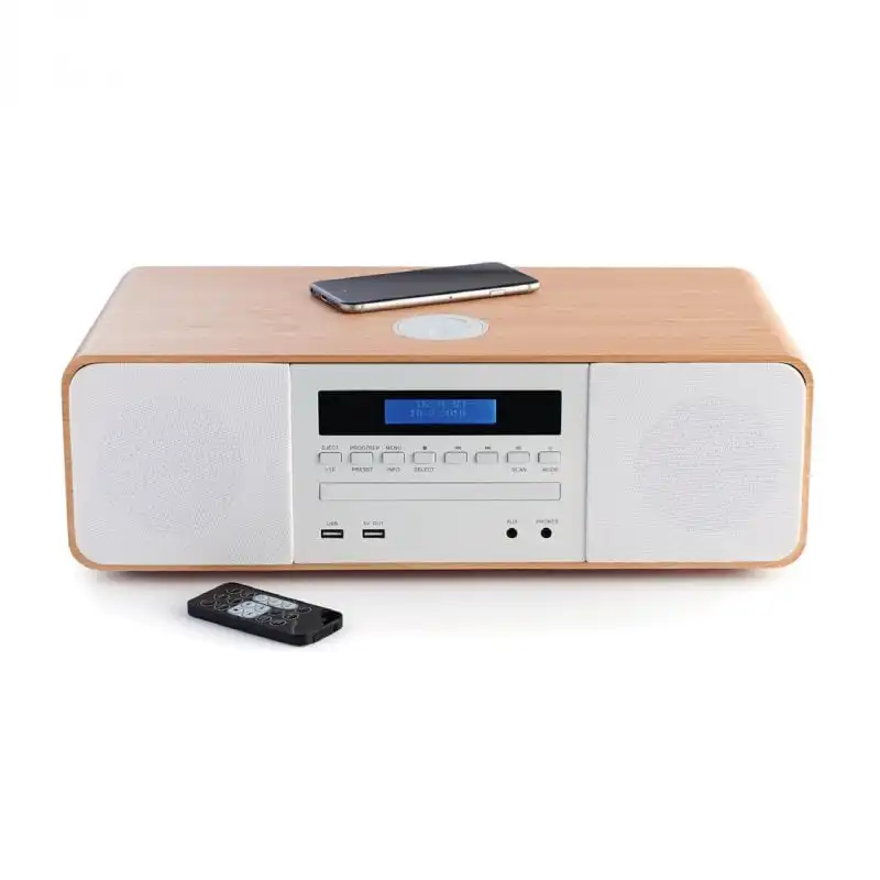 Thomson MIC201IBT Microcadena Bluetooth con reproductor de CD/radio/MP3/USB/Cargador de Inducción Madera y Blanco