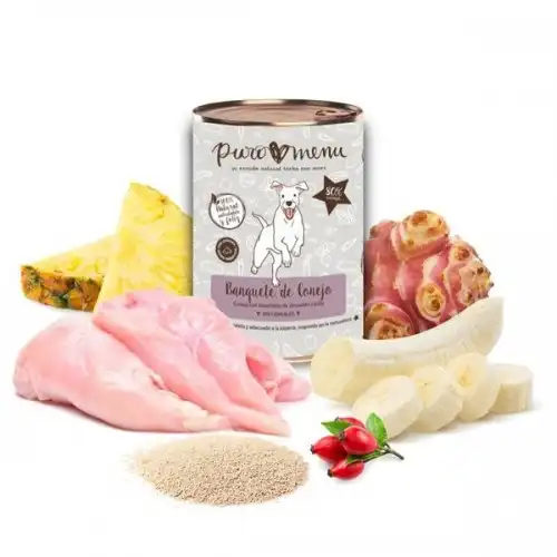 Pack de 12 latas de comida húmeda para perros Puromenu sabor conejo