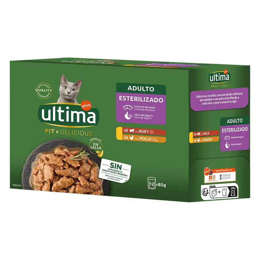 Ultima Cat Fit & Delicious comida húmeda 12 x 85 g - Pollo y vacuno