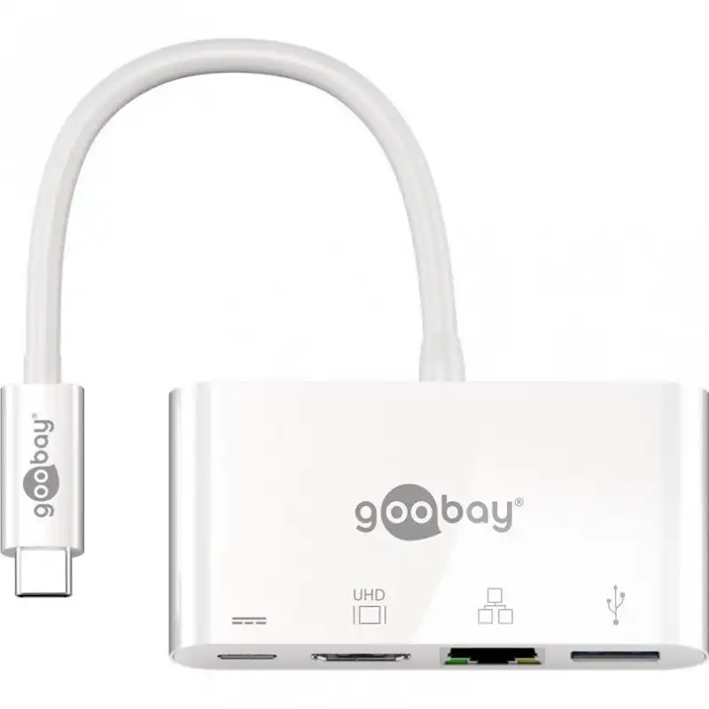 Goobay Hub USB-C/USB 3.0/RJ45/HDMI a USB-C Hembra/Macho 0.15m Blanco