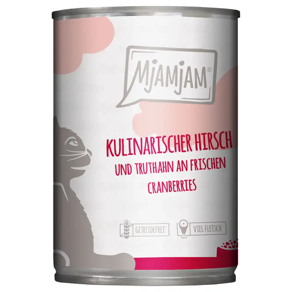 MjAMjAM comida húmeda para gatos 6 x 400 g - venado y pavo culinarios sobre arándanos frescos