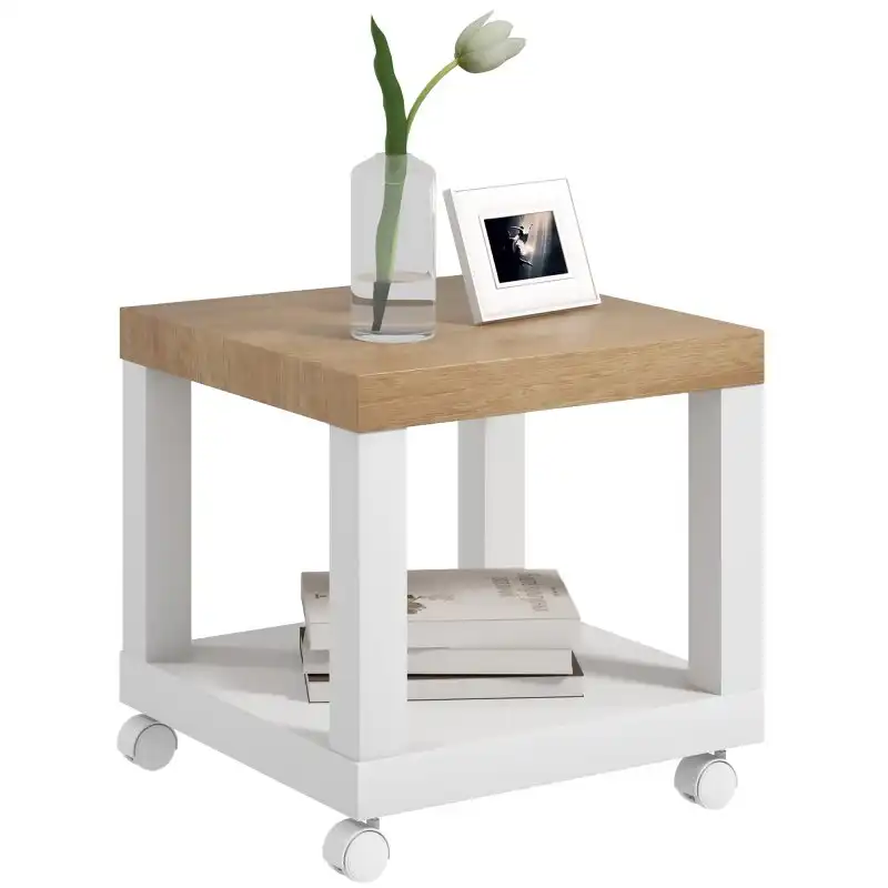 Homcom Mesita Auxiliar Con Ruedas Estante Abierto 40x40x40 Cm Natural Y Blanco