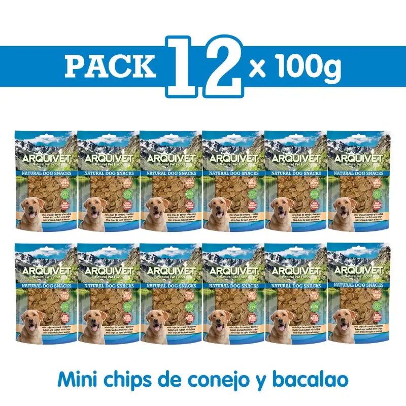 Mini Chips de conejo y bacalao - 100gr Snack para perros, Unidades 12 unidades