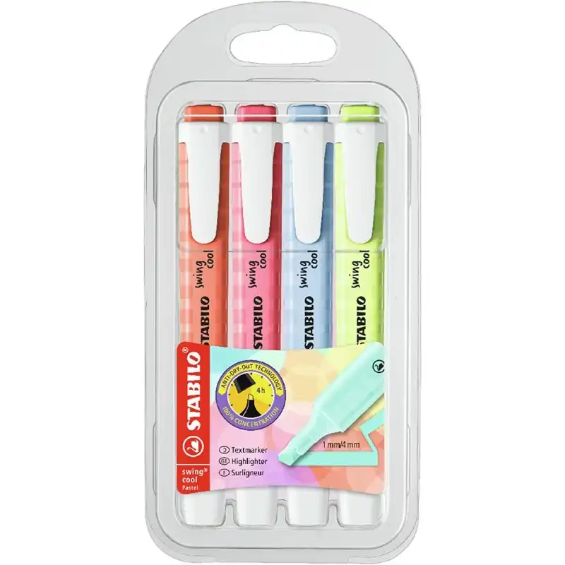 STABILO Swing Cool Pastel Edition Estuche de 4 Marcadores Fluorescentes