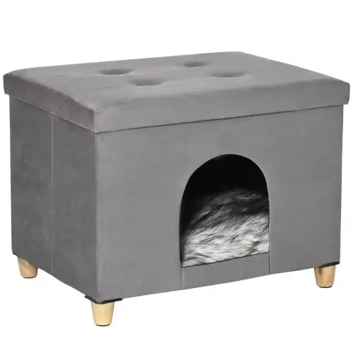 PawHut cama cueva plegable 2 en 1 con taburete gris para gatos