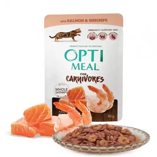 Optimeal sin cereales pienso húmedo para gatos Salmón y Gambas