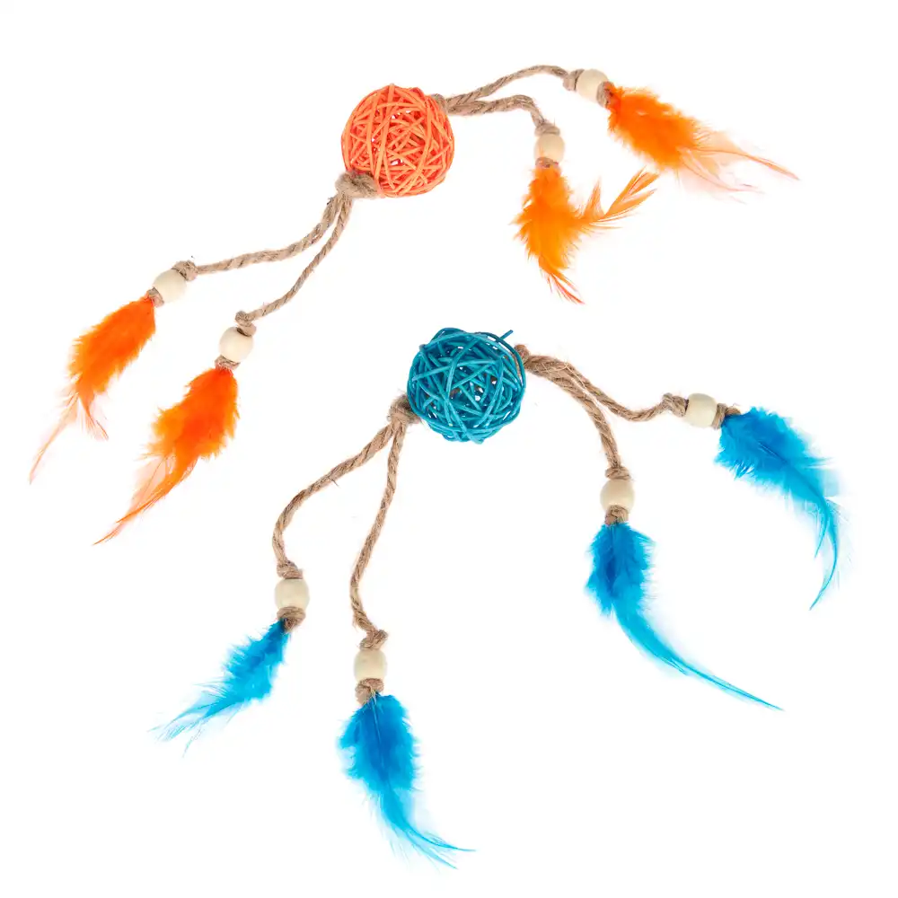 TIAKI Set de pelotas de sauce con plumas para gatos - Set de 2 pelotas con plumas