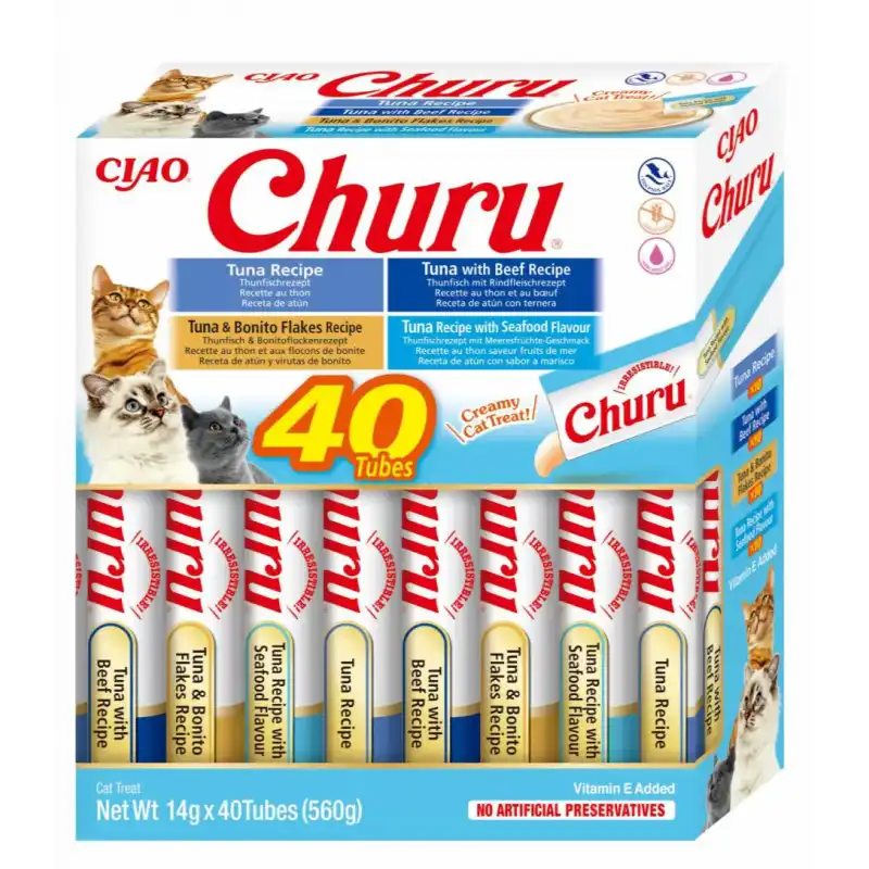 40x14gr Pack Churu para gato adulto Pure Mix de Atún Con Marisco