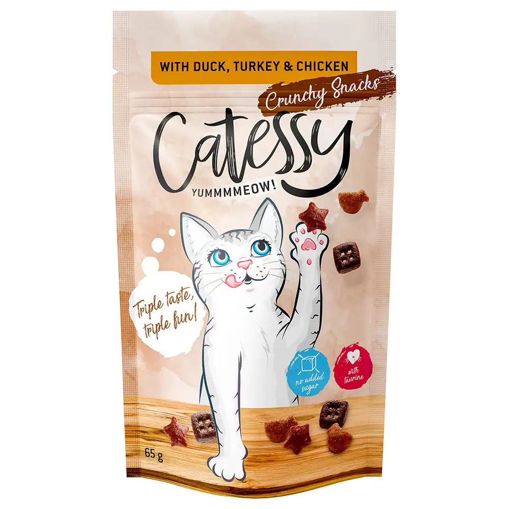 Snacks crujientes Catessy para gatos Triple sabor - 5 x 65 g - Pack Ahorro - con pato, pavo y pollo