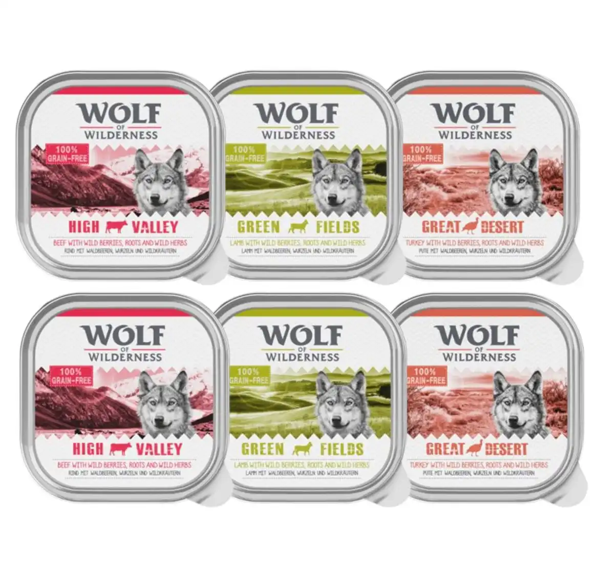 Wolf of Wilderness 6 x 300 g - Pack mixto II: 2x High Valley, 2x Great Desert, 2x Green Fields.