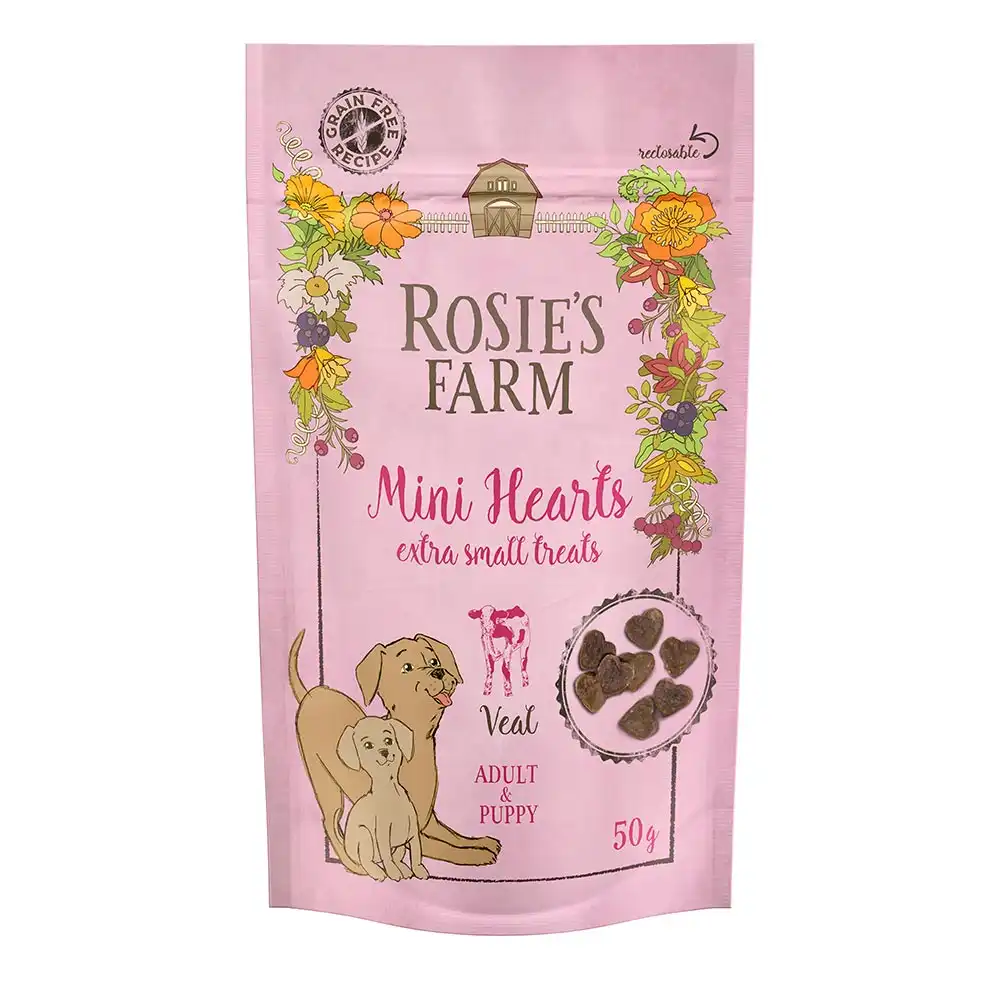 Rosie's Farm Puppy & Adult Snacks Mini Hearts, con ternera - 50 g