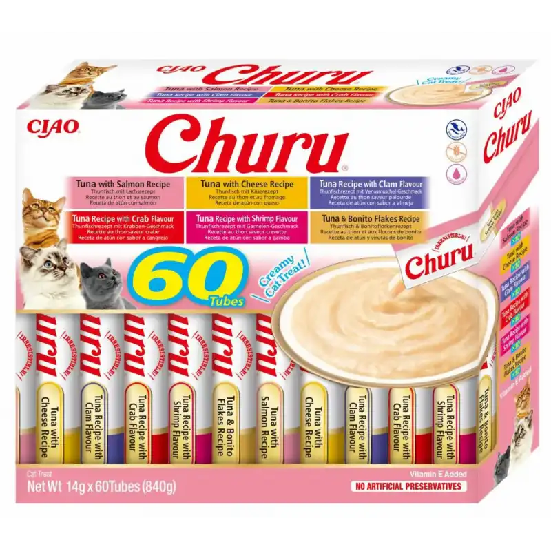 60x14gr Pack Churu para gato adulto Pure Mix de Atún Con Mariscos