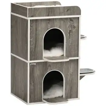 Caseta Para Gatos De Madera Algodón Pp Felpa 68x53x80,5cm-pawhut.gris