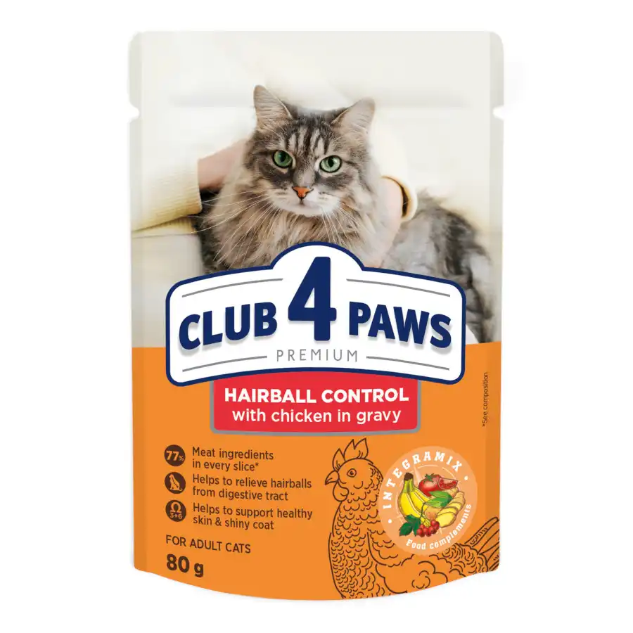 CLUB 4 PAWS Premium Pienso húmedo para para gatos adultos "Control de bolas de pelo", 0,08kg