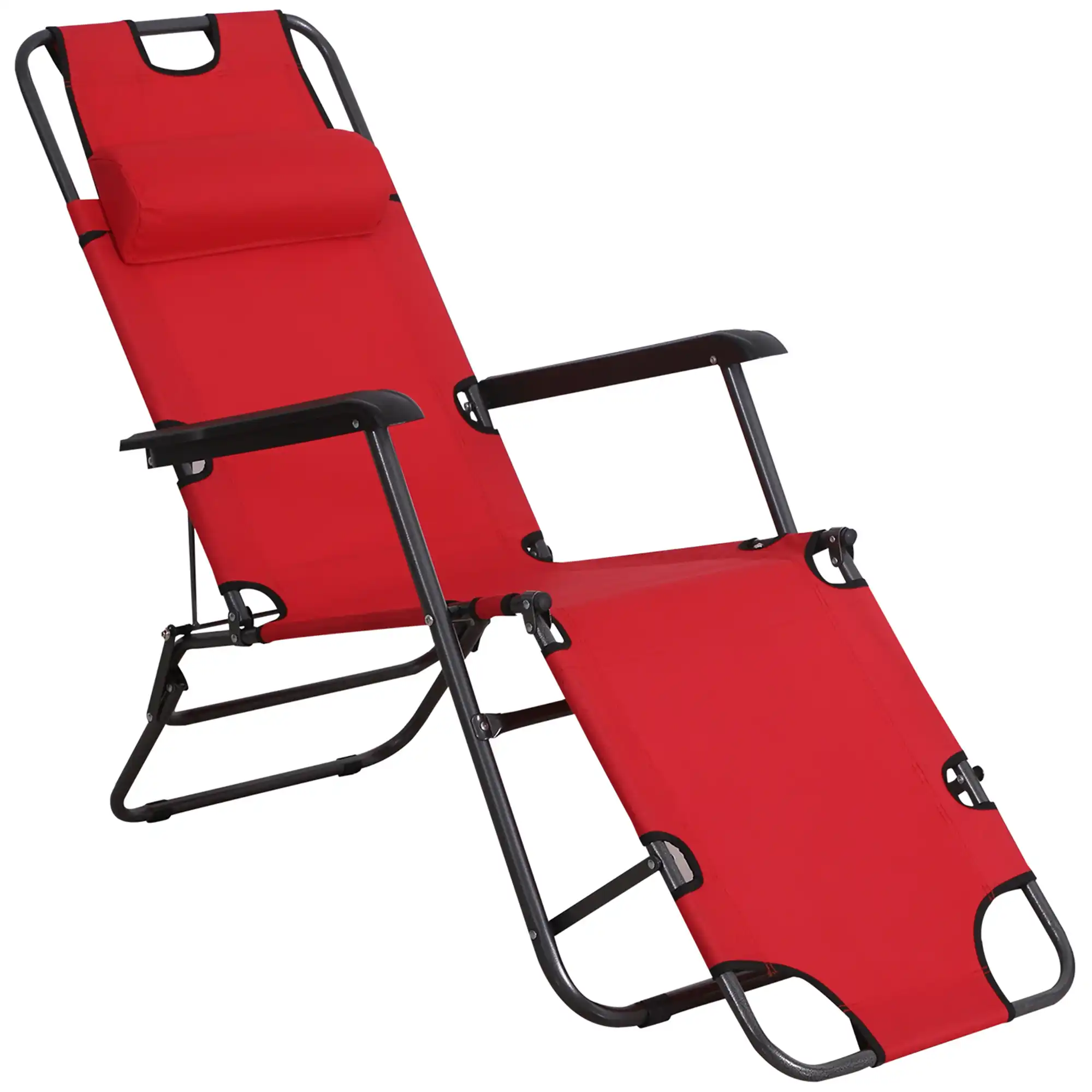 Outsunny Tumbona Reclinable y Plegable Silla de Playa Tumbona Relax Plegable con Respaldo Ajustable Reposabrazos Almohada y Reposapiés para Jardín Balcón Carga 136 kg 135x60x89 cm Rojo